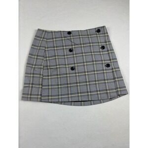 HM Divided Plaid Mini Skirt Grey Yellow Button Front Glen Check Size 10